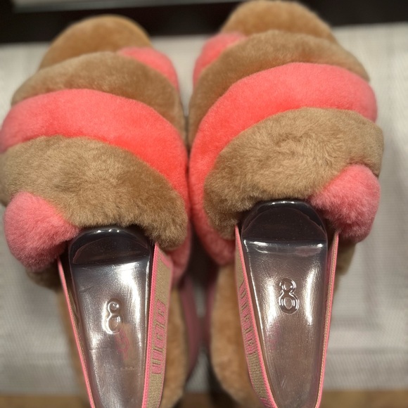UGG NIB AUTHENTIC DISCO STRIPE CHESTNUT/PINK ROSE COMBO SLIDE SLIPPERS. - Picture 12 of 16
